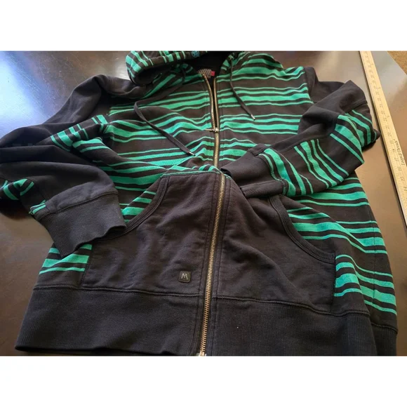 Super RARE 1990s Y2K Men's Mambo Black & Green Striped Full-Zip Hoodie EUC Sz L - Picture 2 of 12